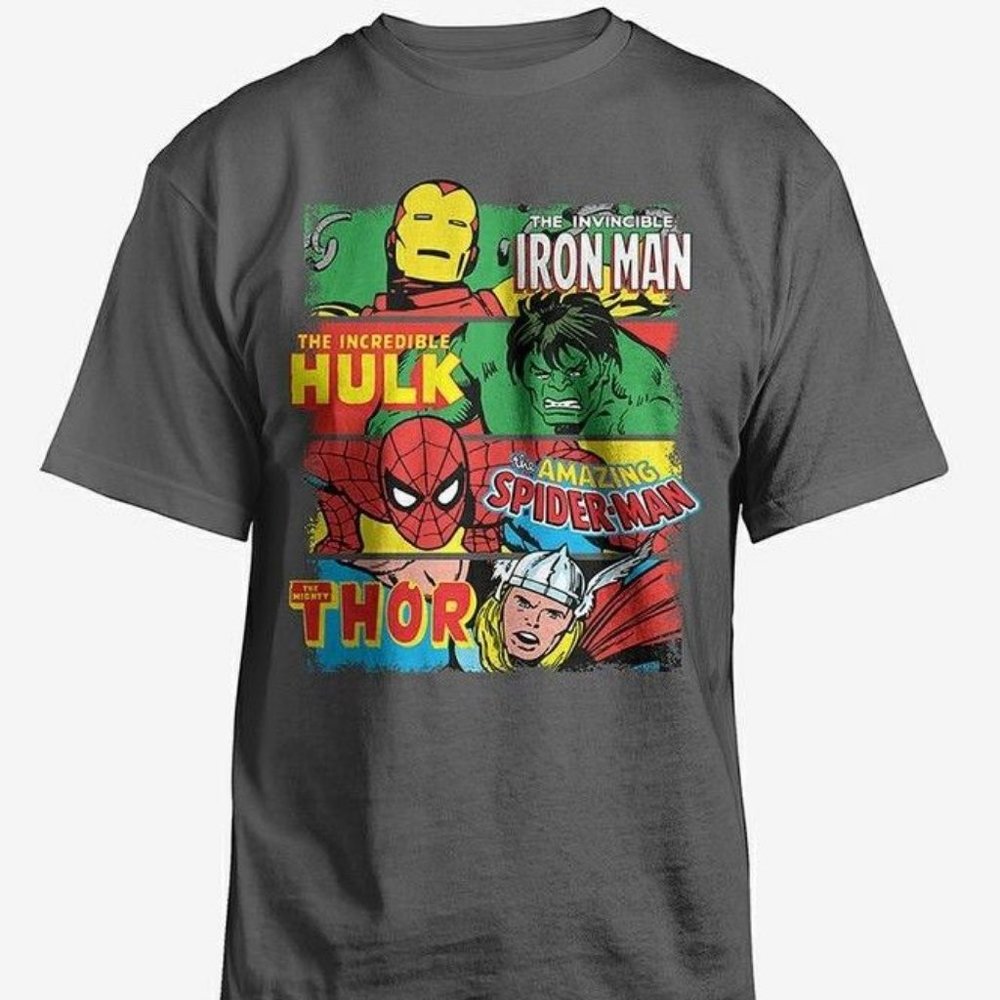New! Marvel Comics Silver-Age Superheroes T-Shirt Iron Man Spider-Man Hulk Thor